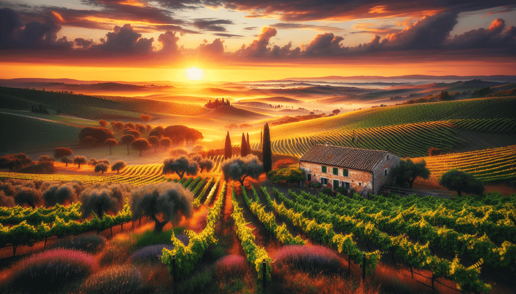 Paesaggio agricolo mediterraneo all'alba